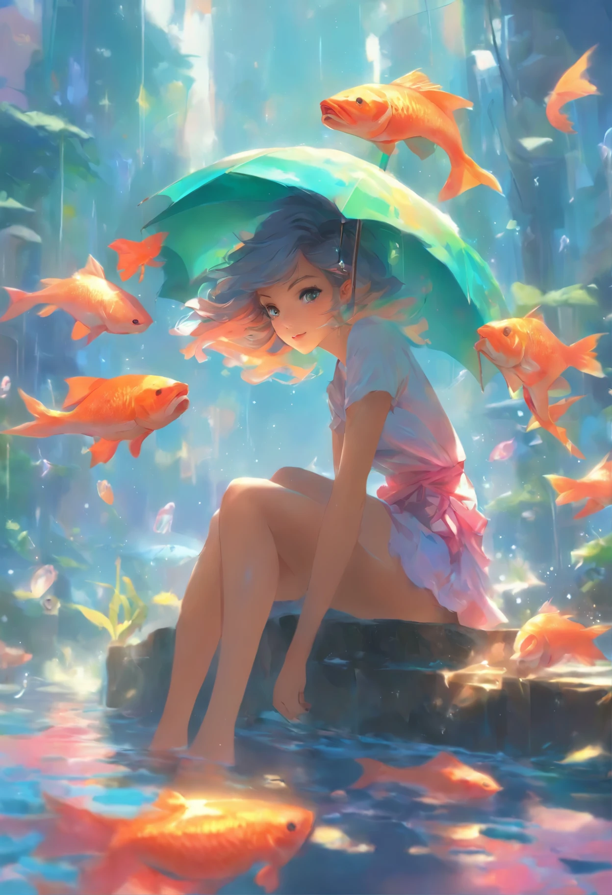 there is a woman sitting on a fish with an umbrella, a detailed painting by Yanjun Cheng, trending on cgsociety, fantasy art, guweiz on pixiv artstation, guweiz on artstation pixiv, artwork in the style of guweiz, loish and wlop, guweiz, ross tran and wlop