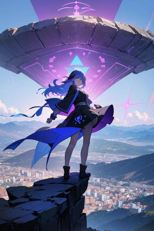 una persona, seeing a city in runes from a mountain, a lo lejos