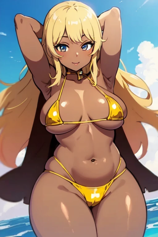 ((highest quality)), ((masterpiece)), (detailed), Perfect Face,gyaru,Armpit,Plump,Micro Bikini,Gold Bikini,Brown skin,Brown Skin,hair_blonde_Gradient pink,Thick thighs