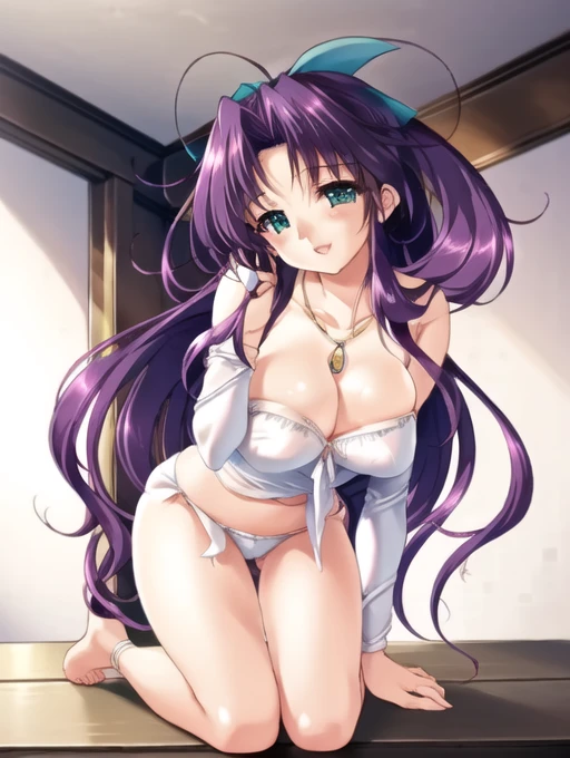 (Ultra extreme detailed),(Masterpiece),(Ultra extreme),(Realistic),CG,(color:1.2), Beautiful lighting,Light from the front, alone,Smiley, Blue_sakurako,Puppy hair,Long Hair,ribbon,Green Eyes,Shame face、Open mouth、In underwear、Cute Bra、Cute Panties、((On all fours、Backwards:1.3、look back))