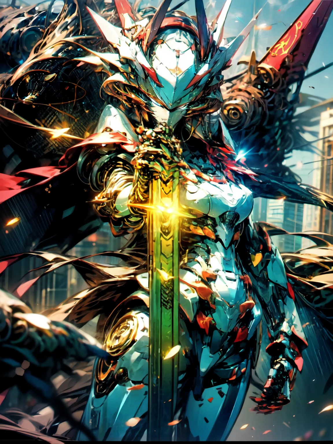 ((best quality)), ((Masterpiece)), (very detailed: 1.3), 8ก, fantastic paintings, full of science fiction, Red Megatron stands in the city., holding a heavy machine gun, Gatling machine gun, Sleek red armor, Sophisticated weapons and equipment are behind the scenes., Gundam humanoid robot, Anime mech aesthetics, perfect body proportions, มุมมองแบบ Heads-Up, Standing position, giant military machinery, missile, rock, future technology, realism, black clouds in the sky, dark war background, Ray tracing, light particless, NVIDIA Trtx, Super resolution, Not true 5, subsurface scattering, Specific maps and albedo, Third rule, large aperture, fighting posture, 8ก Raw Data, High-performance sub-pixels, Sub-pixel convolution, light particles, light scattering, Tyndall Effect, Ray tracing.
