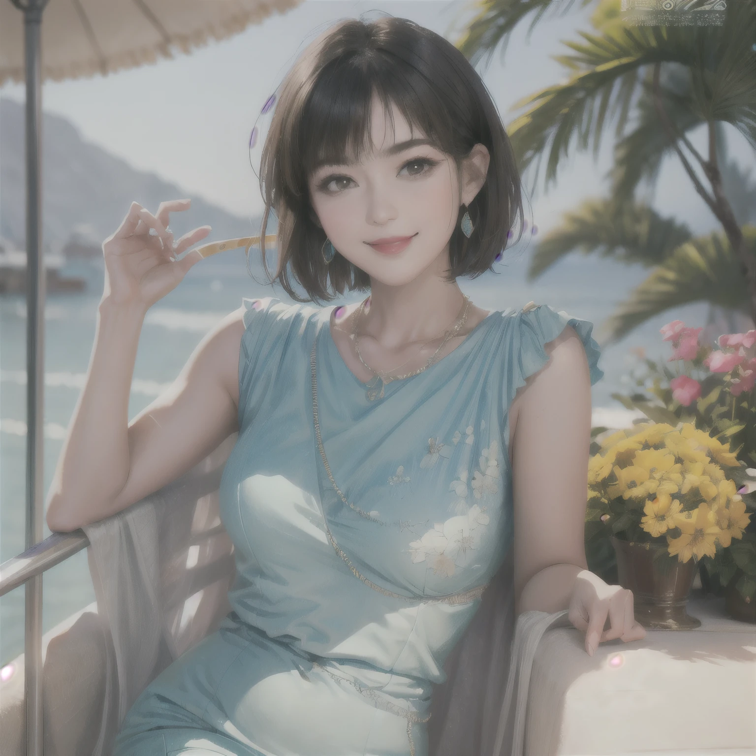 234 20-year-old female, short hair, Summer travel magazine, A kind smile, lipstick, Photo quality