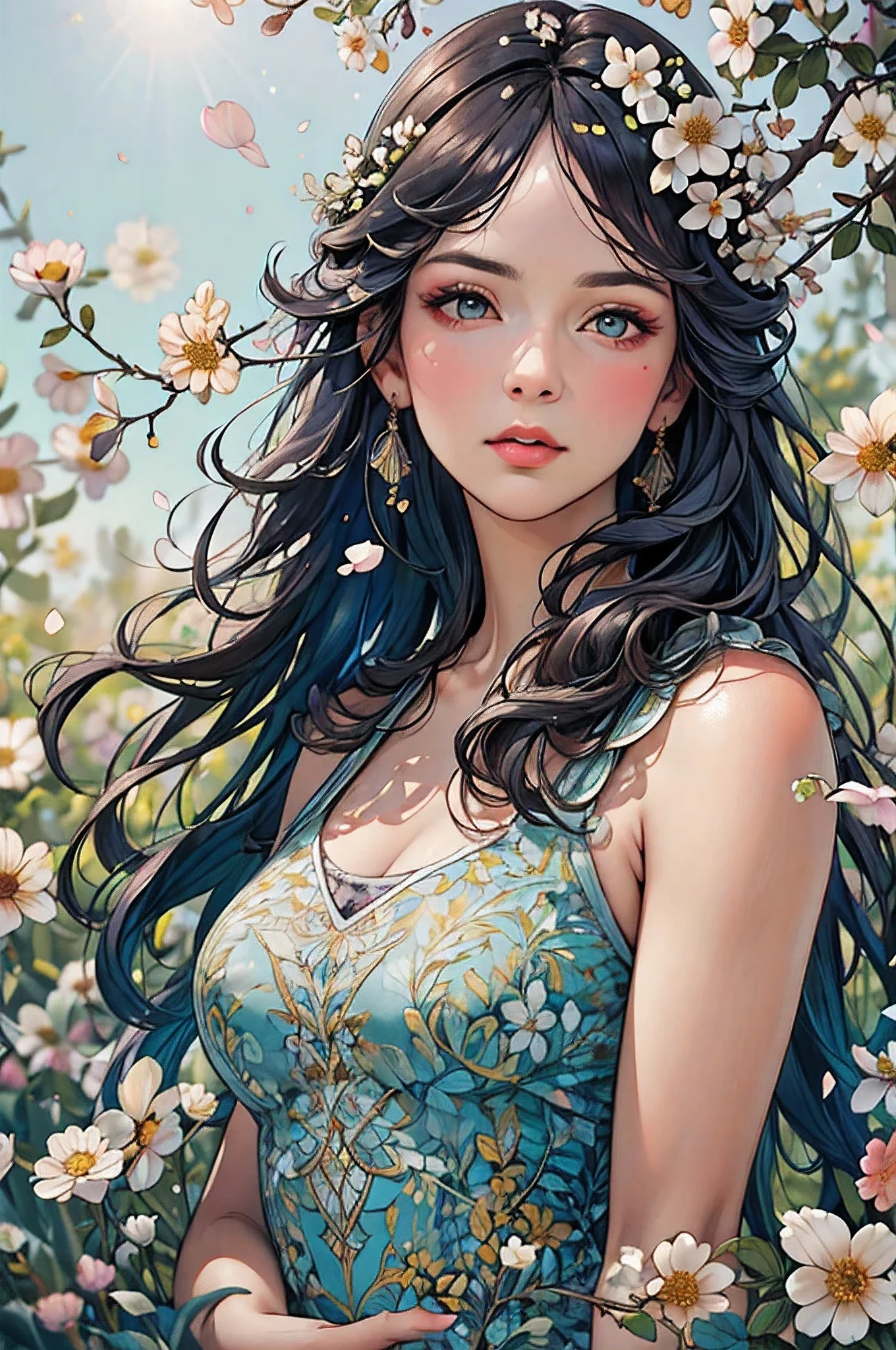 best quality, 8k, highres, masterpiece, ultra-detailed, realistic, a woman in White Lace dress, Colorful petals of flowers float in the air, bright sun colors, shallow depth of field, soft atmospheric scenes, powerful portraits, perfect anatomy, best quality, highres, realistic photo, professional photography, cinematic angle, dynamic, light shining, zentangle style