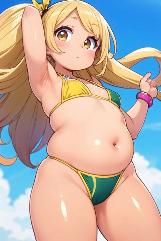 ((highest quality)), ((masterpiece)), (detailed), Perfect Face,gyaru,Armpit,Plump,Micro Bikini,Gold Bikini,Brown skin,Brown Skin,hair_blonde_Gradient pink,Thick thighs