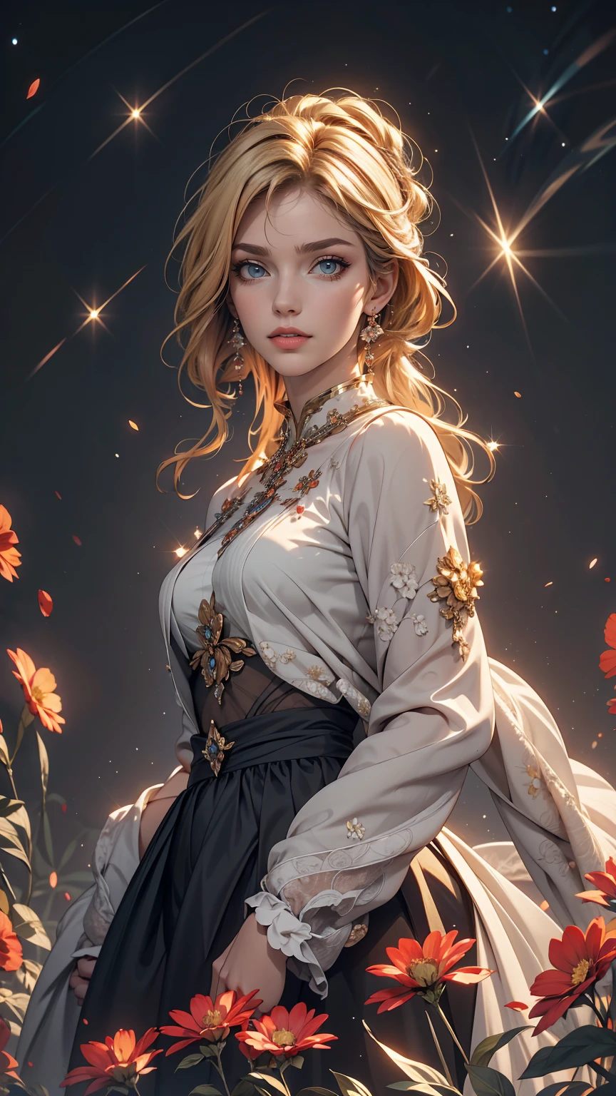 (highest quality, masterpiece), One girl, Pause, particle, Wind, flower, whole body, Simple Background, View Viewer, blonde, Milky Way,