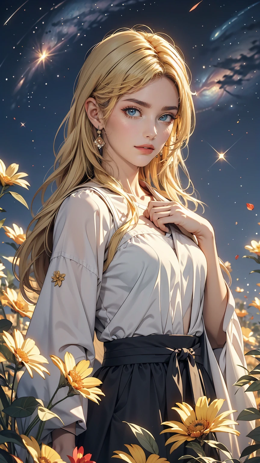 (highest quality, masterpiece), One girl, Pause, particle, Wind, flower, whole body, Simple Background, View Viewer, blonde, Milky Way,