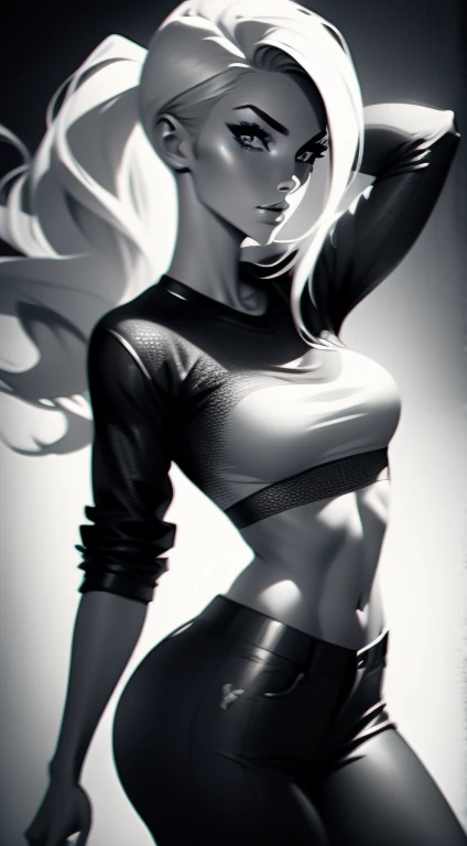 Beautiful 20yr old girl, blonde hair, detailed, toned body, simple, femme fatale, Noir et blanc, monochrome, looking at viewer, wearing adventuring gear, pants, tshirt, jacket