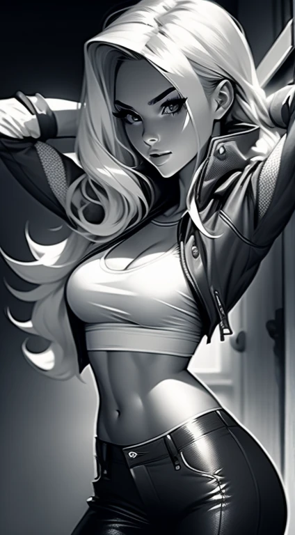 Beautiful 20yr old girl, blonde hair, detailed, toned body, simple, femme fatale, Noir et blanc, monochrome, looking at viewer, wearing adventuring gear, pants, tshirt, jacket