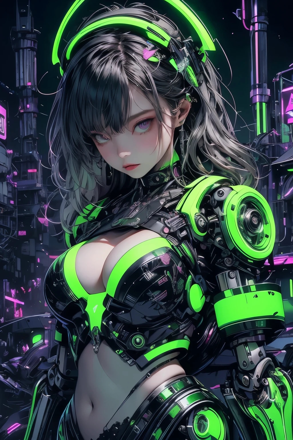 (masterpiece), (best quality), (ultra-detailed), Absurd,(masterpiece、highest quality、8k ),Intricate details,Ultra-detailed、1. Beautiful, And a woman of perfect proportions,(Machine Girl 1.3),Purple long hair,Cleavage,belly button,Stomach,(Mechanical body,Mechanical Arm :1.4),(green&Silver metallic body:1.3),Neon Light Parts,Red glowing neon lights,Blue Glowing Neon Lights、Mechanical Headgear ,(cyber punk ),(Combat Stance:1.2),Ultra-realistic,Perfect ???????