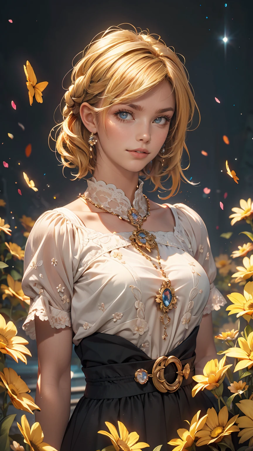 (highest quality, masterpiece), One girl, Pause, particle, Wind, flower, whole body, Simple Background, View Viewer, blonde, Milky Way,