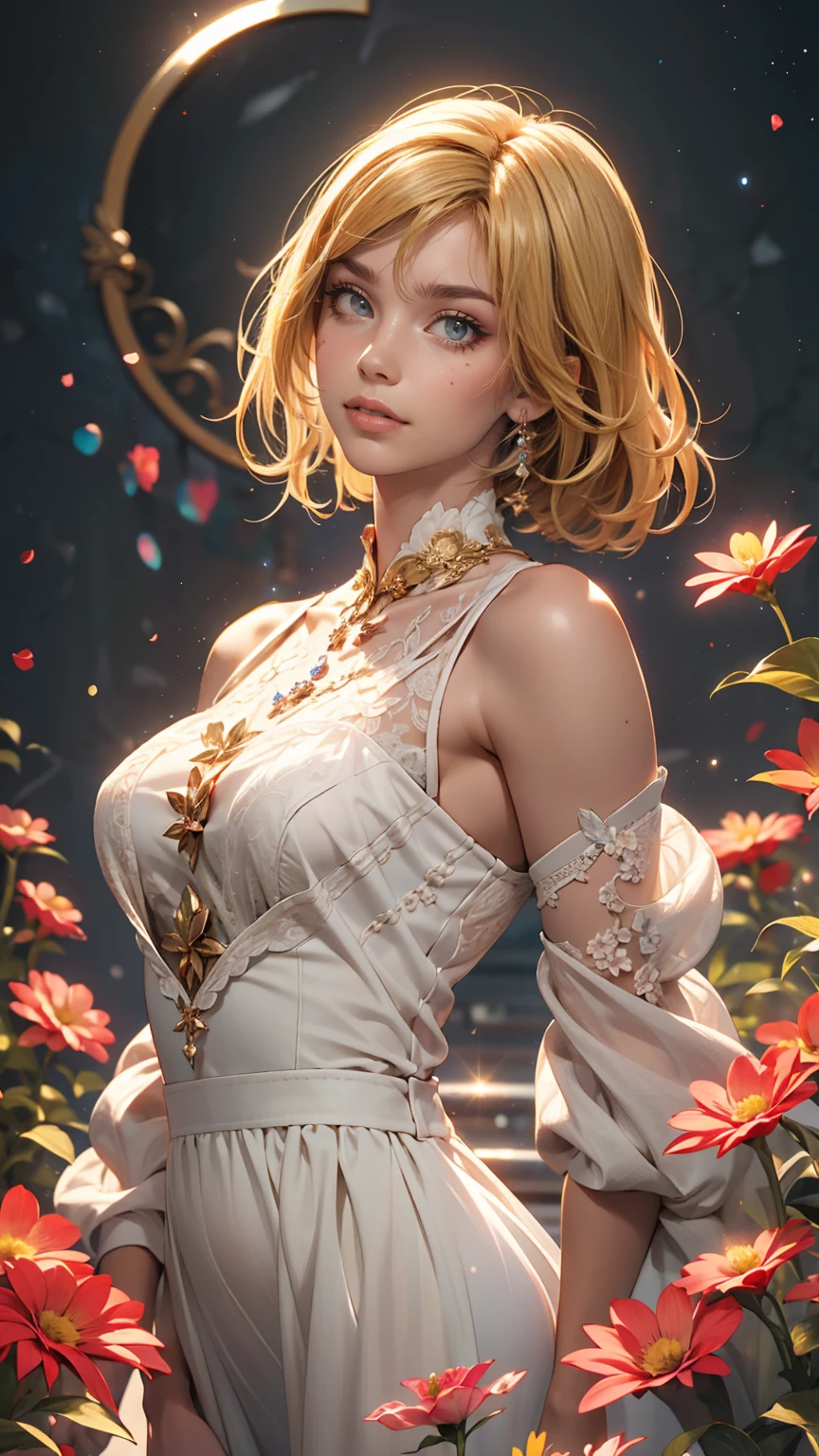 (highest quality, masterpiece), One girl, Pause, particle, Wind, flower, whole body, Simple Background, View Viewer, blonde, Milky Way,