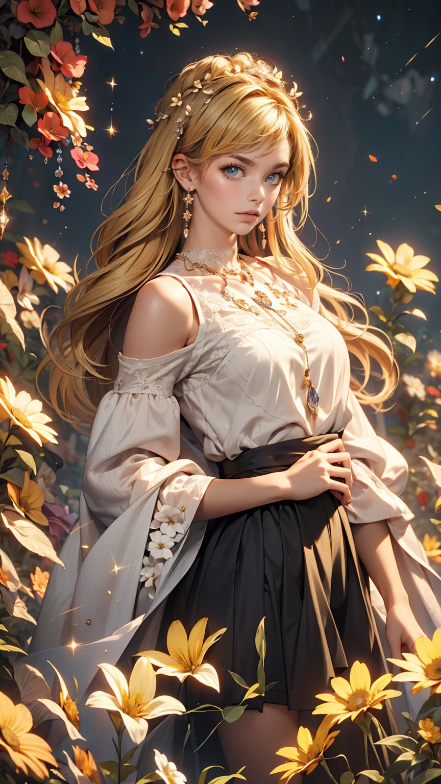 (highest quality, masterpiece), One girl, Pause, particle, Wind, flower, whole body, Simple Background, View Viewer, blonde, Milky Way,