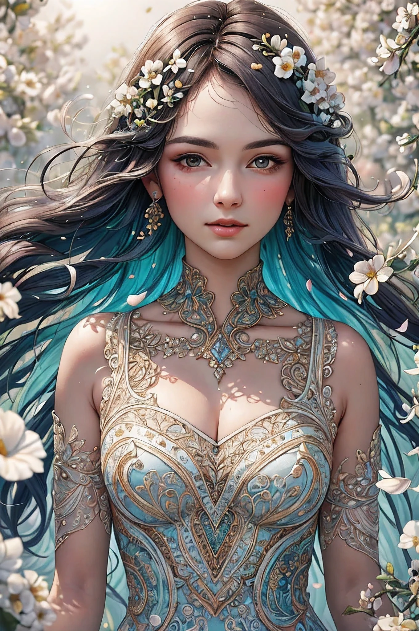 best quality, 8k, highres, masterpiece, ultra-detailed, realistic, a woman in White Lace dress, Colorful petals of flowers float in the air, bright sun colors, shallow depth of field, soft atmospheric scenes, powerful portraits, perfect anatomy, best quality, highres, realistic photo, professional photography, cinematic angle, dynamic, light shining, zentangle style