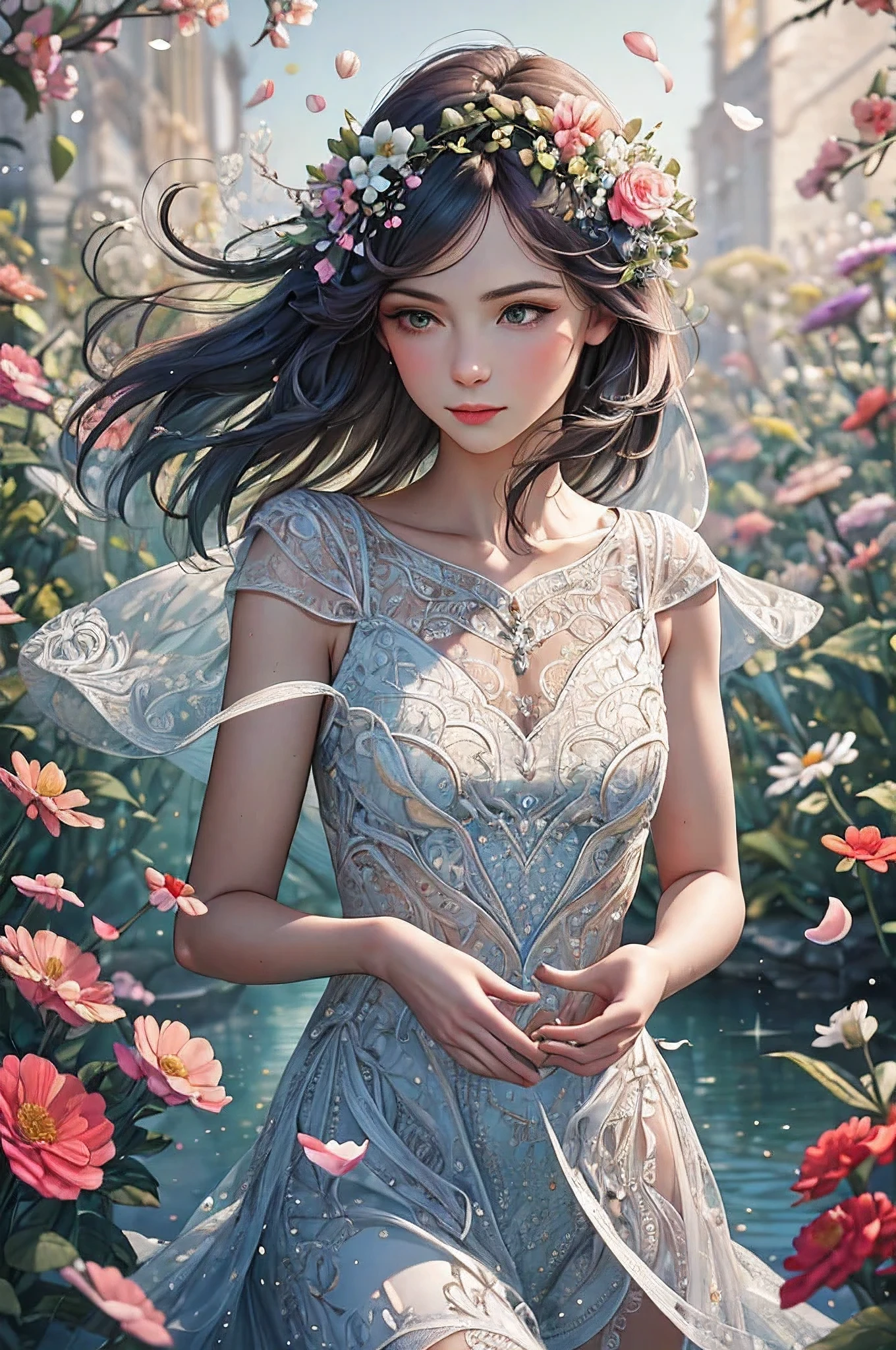 best quality, 8k, highres, masterpiece, ultra-detailed, realistic, a woman in White Lace dress, Colorful petals of flowers float in the air, bright sun colors, shallow depth of field, soft atmospheric scenes, powerful portraits, perfect anatomy, best quality, highres, realistic photo, professional photography, cinematic angle, dynamic, light shining, zentangle style