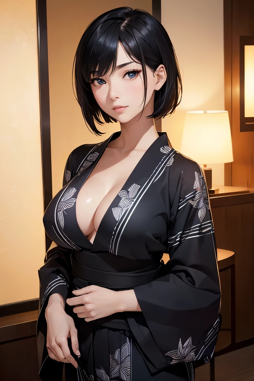 UHD, masterpiece, textured skin, super detail, high details, high quality, award winning, (perfect eyes), best quality, HD, upper body shot, perfect eyes, (1Gir, Beautiful, short black hair, classy, wearing a wearing a open yukata, (Showing bare breasts)), (In a hotel room at night)