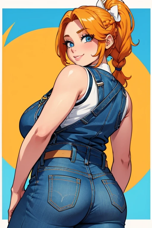 Ann's full body image Characters from the game Haves Moon young woman bright smile Orange hair tied in a white bow, has blue eyes, wears a yellow sleeveless shirt and jeans overalls on the outside. Show off white, plump C cup breasts. Jeans shorts, showing your legs, white and slender, beautiful picture, clear, realistic.