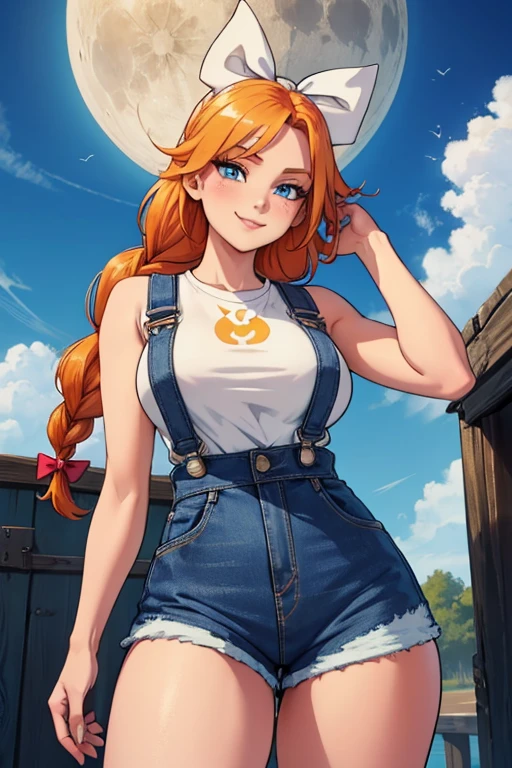 Ann's full body image Characters from the game Haves Moon A young woman with a bright smile, orange hair, a single braid that reaches the middle of her back, tied with a white bow, has blue eyes, and wears a yellow sleeveless shirt. and wearing jeans-colored overalls outside Showing plump, white C cup breasts. Jeans shorts, showing your legs, white and slender, beautiful picture, clear, realistic.