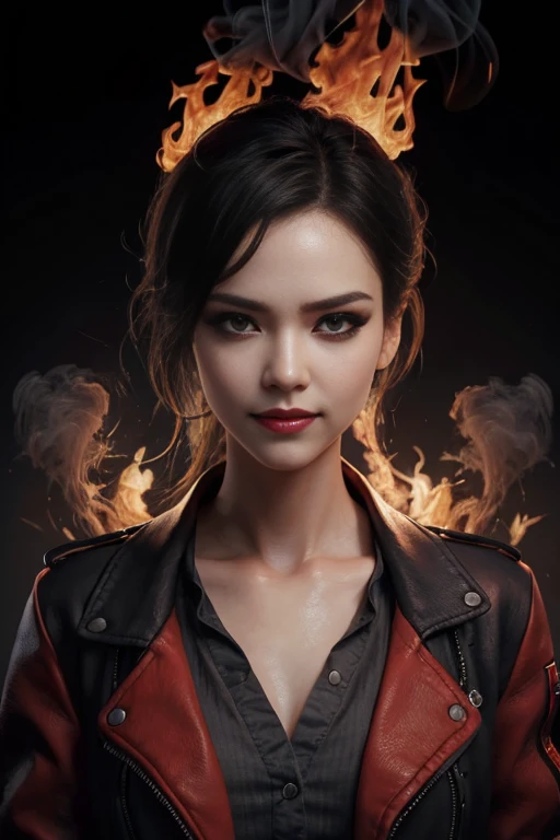 (extremely detailed CG unity 8k wallpaper),(masterpiece), (best quality), (ultra-detailed), (best illustration),(best shadow), (sharp eyeliner, eyeshadow, detailed eyes:1.1), (flames, smoke:1.3), ,BREAK, (vector:1.2), evil smile,