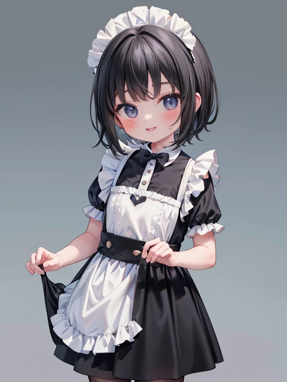 masterpiece, highest quality, Very detailed, 16k, Ultra-high resolution, Cowboy Shot, Detailed face, Perfect Fingers, A 7--old l, black eye, smile, Black Hair, short hair, Black maid outfit, In town,stroll, it's snowing