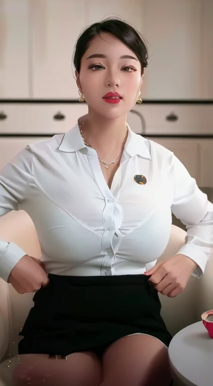 a lady sitting on the sofa,Holding a cup of coffee, Wearing a shirt, Wearing a shirt, Smooth white tights set, Wearing a white shirt, cleveage, Her breasts, wearing Skinny shirt, Wearing a white shirt, She has a round fat belly, Big breasts,Cleavage close-up, Skinny shirt, Wearing a white shirt, Cardigan