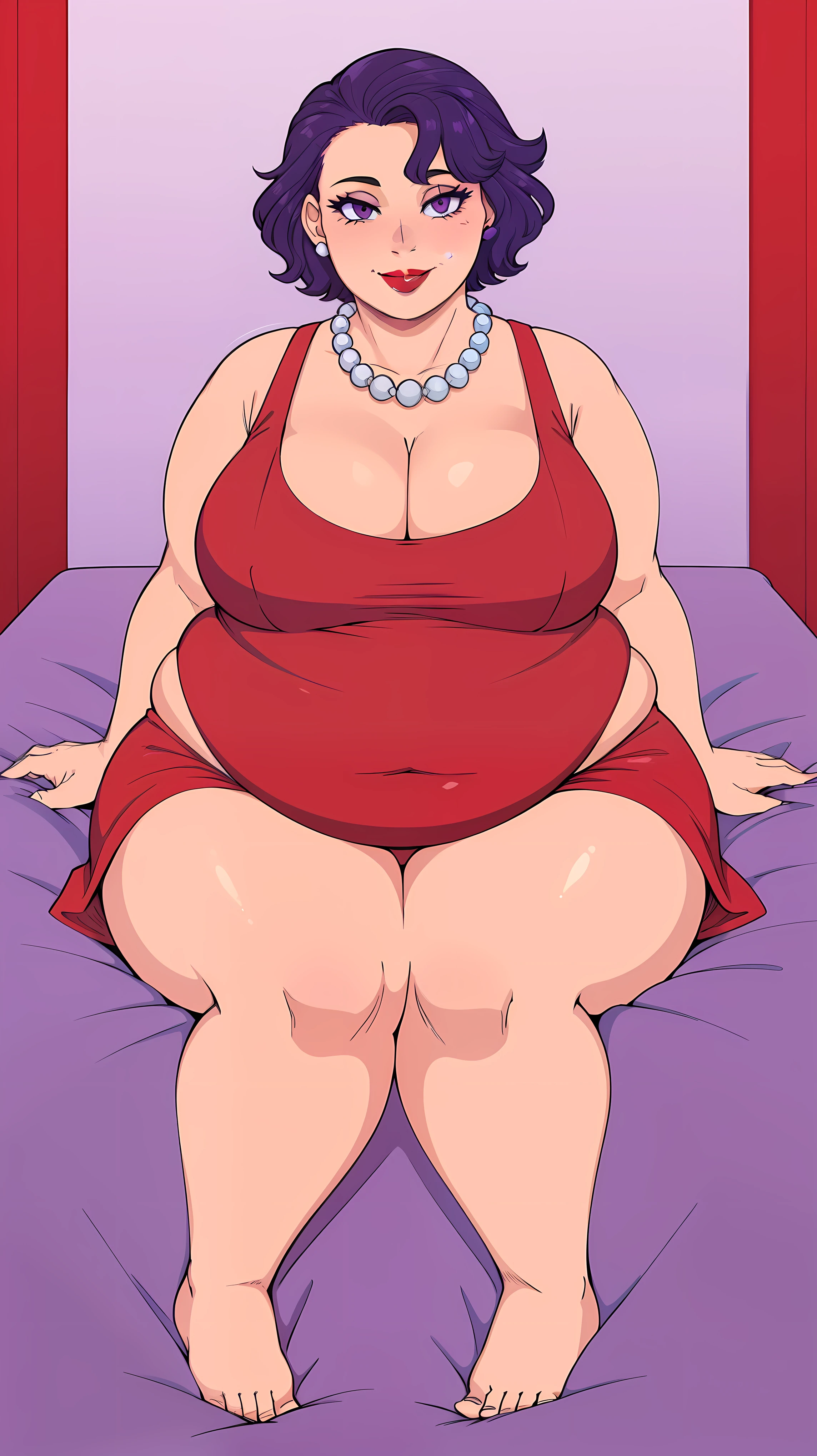 Plump, bbw, (fat:1.3)Middle aged, mommy, hands on belly, casual pose, smiling, Full body, bedroom bed, bedsheets, sitting on bed, looking at viewer, Short bob haircut, Windswept Messy Bob purple Hair, eyeliner, (red dress), (red lipstick), (light blue pearl necklace), cleavage, milf, mature, (purple eyes)