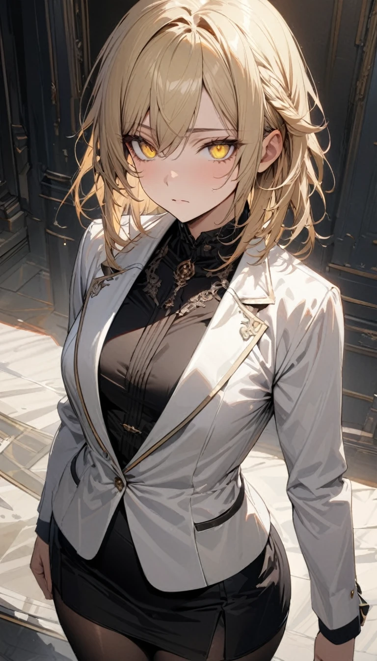 a handsome girl, 25 years old ,blond hair, wolf cut hair, yellow eyes, white formal jacket, black miniskirt, black tights, expressionless, masterpiece, best quality, ultra detailed, detailed eyes,