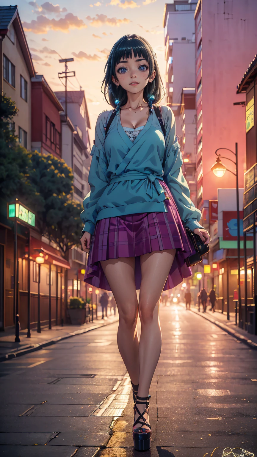 ((Best quality)), ((masterpiece)), (anime), a beautiful sexy girl walking in a short skirt, a blouse and platform high heels, blue eyes, green hair, smooth skin, cleavage, ((full body)), smile, shoulders exposed, anime, green eyes, maomao, Under street lights, ((Sunset Dusk)), (((park))),
