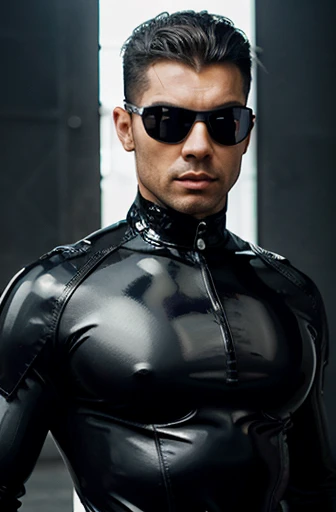 Handsome latin man glamor fashion modern futuristic fashion black clothes in athletic latex pop star breastplate ARMOR medieval warrior heroes ACRYLIC LATEX. FABRICA GOTCA tight pants highlighting the muscles. Futuristic gothic haute couture. Visor oculos motoqueiro escudo preta sobre o rosto e olhos. Corpo inteiro vestido com latex preto