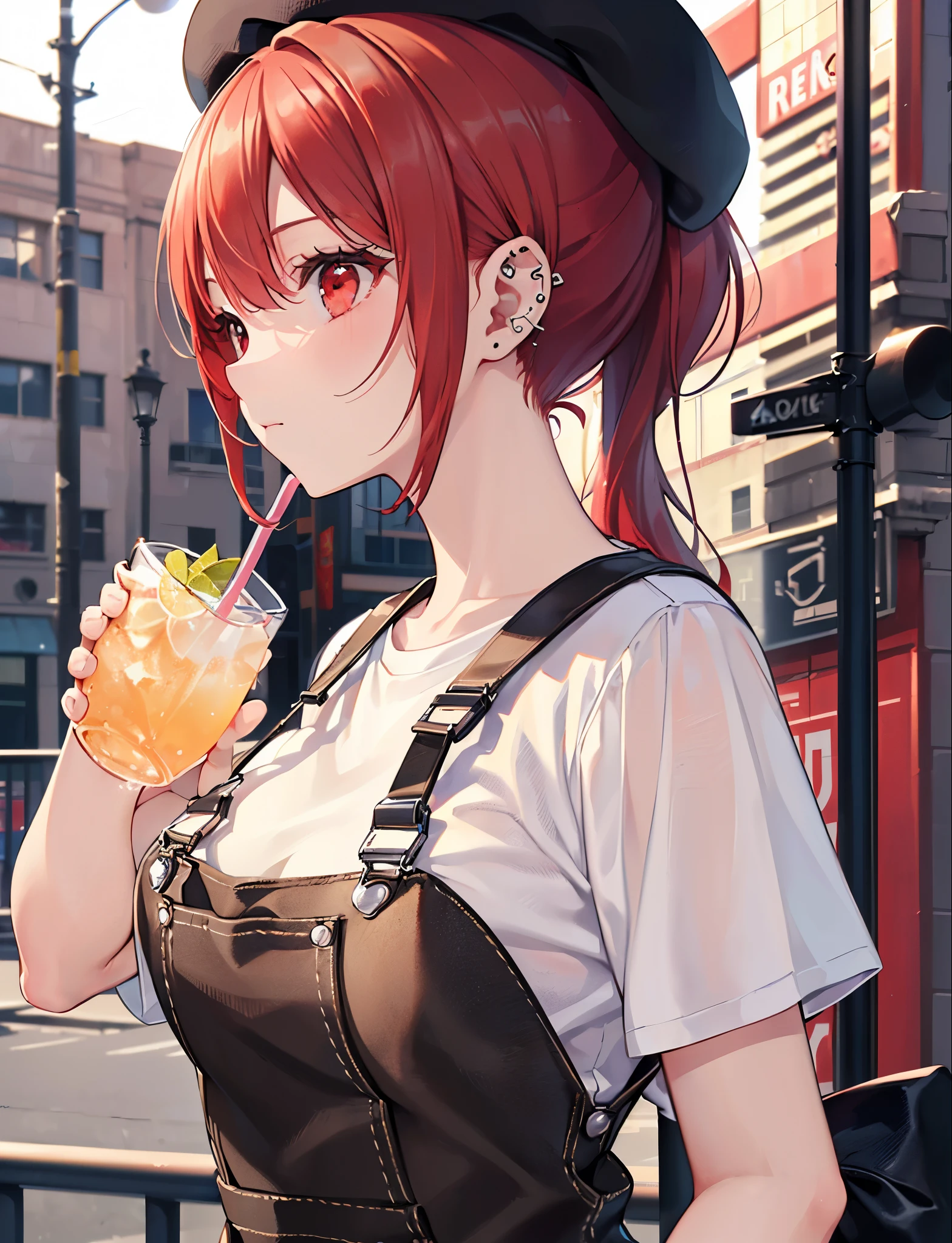 (Close-up:1.3),Realistic,highest quality, Ultra Detail, High-quality CG rendering, The most delicate and beautiful, Floating softly, High resolution, (1 girl), (Highest quality,4K,8K,masterpiece:1.2),(All red hair:1.5), (ponytail:1.5),(Red eyes:1.5),(Slightly larger breasts:1.2), (Light brown overalls:1.3),(Pure white inner T-shirt:1.3),(Black boots:1.3)、(Light brown beret:1.3)、Piercing in left ear,In the city,old buildings,(Upper Body:1.3),(Drinking a drink:1.3)