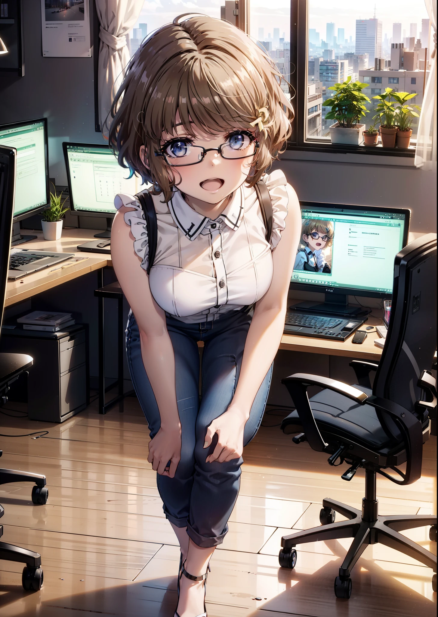 tomoekoga, Chie Koga, short hair, Brown Hair, blue eyes, Hair Clip,Sleeveless dress,skinny pants,Stiletto heels,Black-rimmed glasses,happy smile, smile, Open your mouth,walking,whole bodyがイラストに入るように,Daytime,Clear skies,There is a computer on the table,
break indoors, office,
break looking at viewer, whole body,
break (masterpiece:1.2), highest quality, High resolution, unity 8k wallpaper, (figure:0.8), (Beautiful fine details:1.6), Highly detailed face, Perfect lighting, Highly detailed CG, (Perfect hands, Perfect Anatomy),
