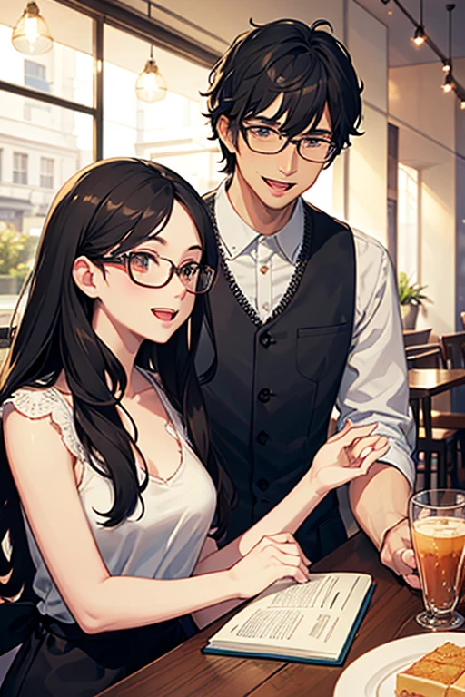 (masterpiece:1.2), high quality, high resolution, a devoted 25-year-old man with his girlfriend, black curly hair, wearing glasses, no beard, slightly awkward demeanor, 21-year-old woman, long black hair, not wearing glasses, , wearing a light blue sleeveless dress, laughing and having fun together in a cafe, joyful atmosphere, bright lighting, cheerful expressions, detailed, intricate, warm lighting, fun and lively style