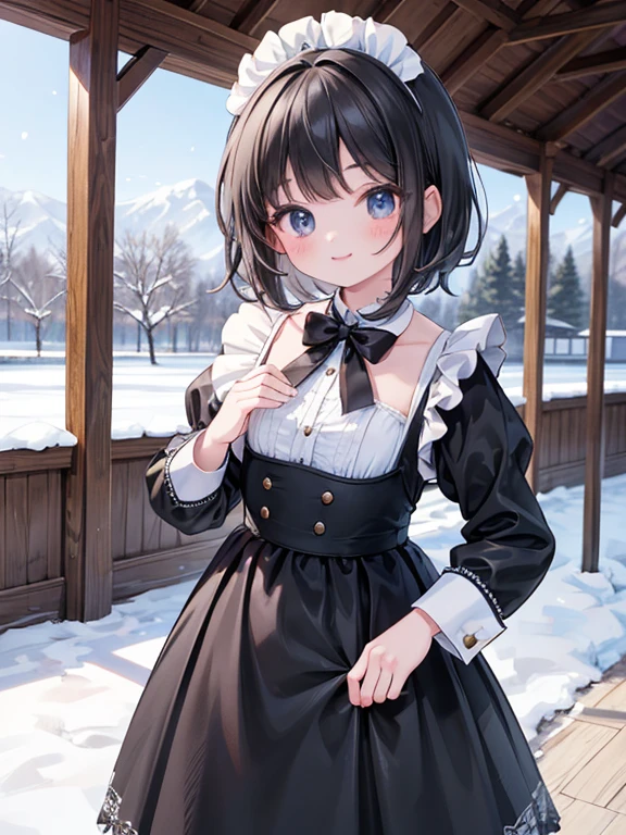 masterpiece, highest quality, Very detailed, 16k, Ultra-high resolution, Cowboy Shot, Detailed face, Perfect Fingers, A , black eye, smile, Black Hair, short hair, Black maid outfit, cs, In town, stroll, Snow Town, it's snowing