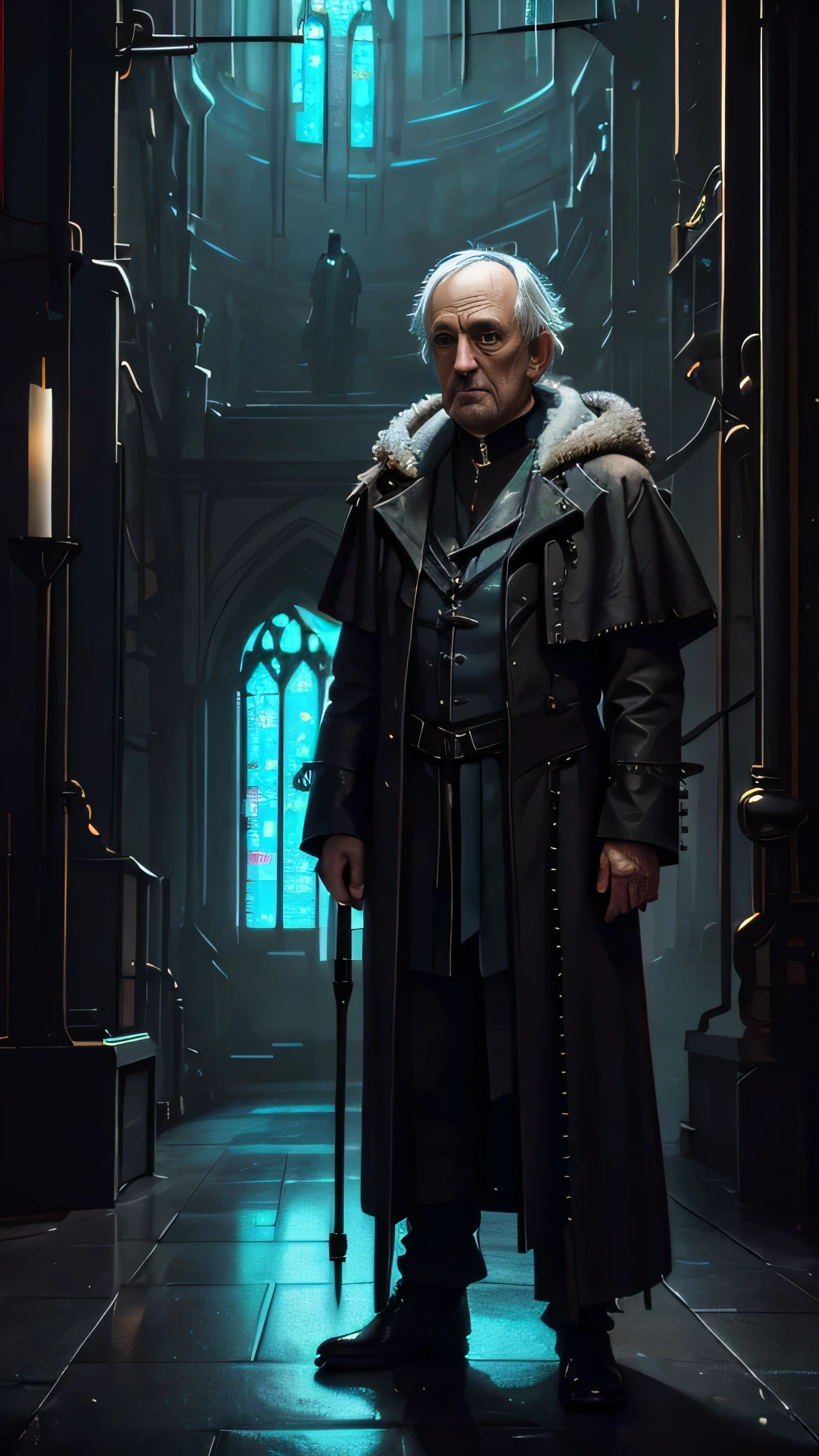 (сyberpunk style), neon, (Jonathan Pryce) as The High Sparrow, a сyberpunk priest, grey сyberpunk priest outfit, standing, in the сyberpunk church, (1man), (solo), (full body view), beautiful detailed glow, detailed, cinematic light, intricate detail, realistic, highres, detailed facial features, high detail, sharp focus, smooth, aesthetic, extremely detailed, stamp, octane render