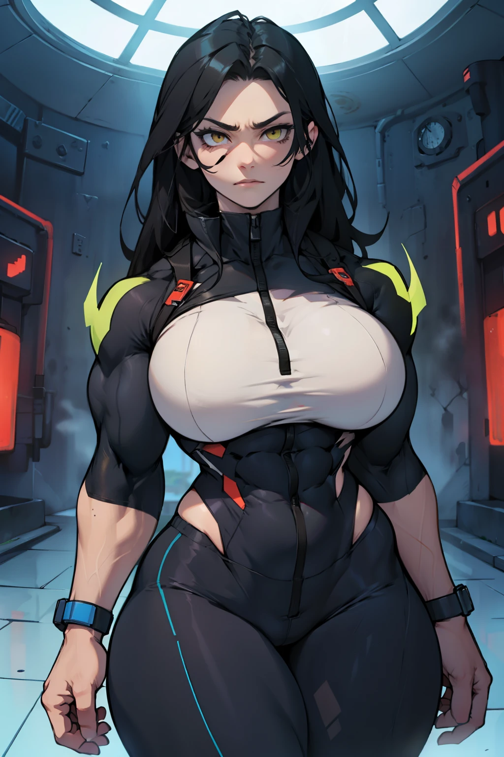 huge muscles huge breasts huge thighs pale skin black hair yellow eyes very long hair muscular girl sad expressionless skintight