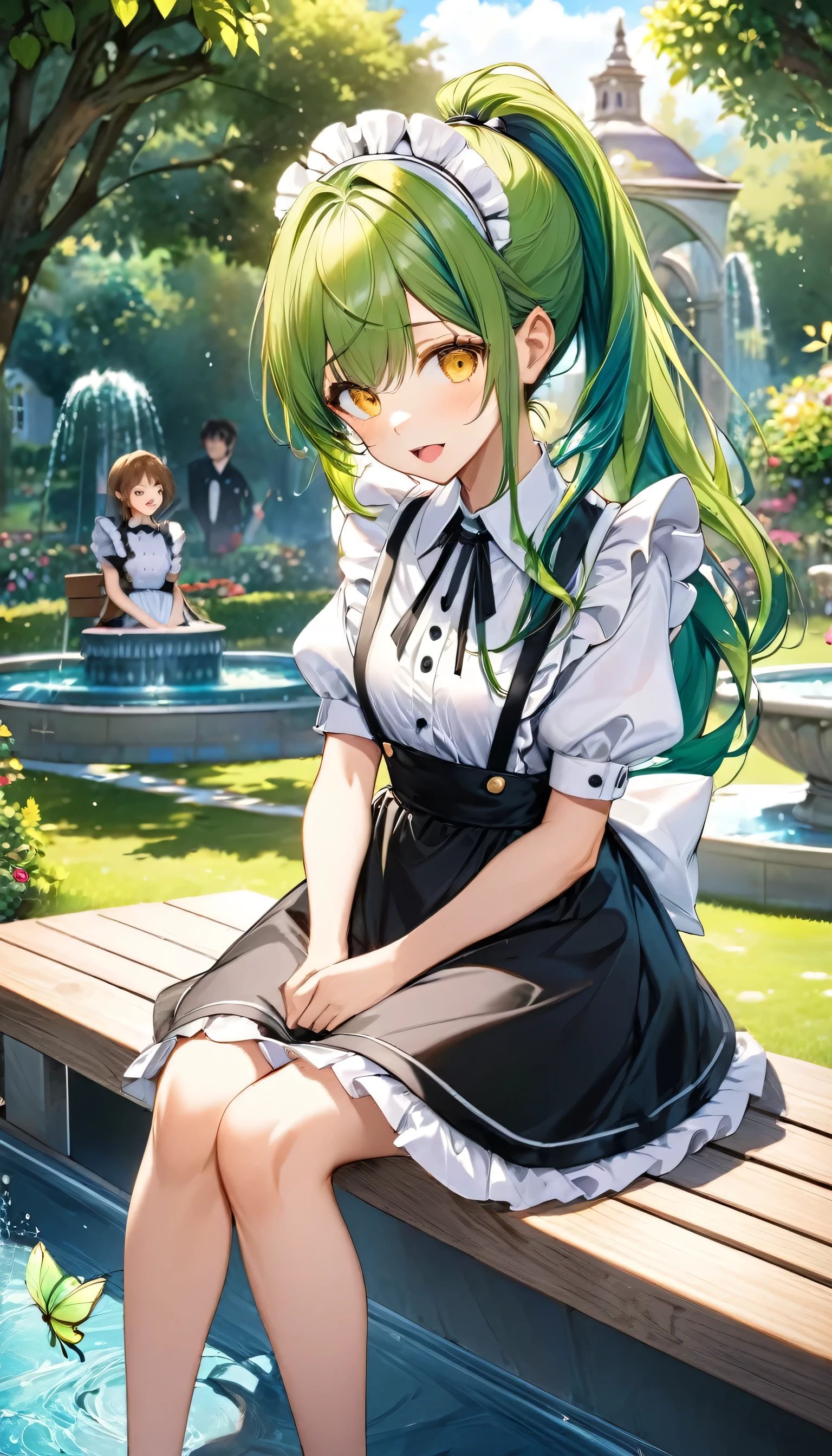 rest style, they Look at each other and talk, open mouth, sit down on bench, (solo ponytail green hair long hair cute girl, cute yellow eyes, 15 yo, in a cute maid clothes), BREAK, (in the enchanted garden, background is fountain), perfect anatomy, masterpiece, best quality, 16k, beautiful detailed grow, daydreaming expression.