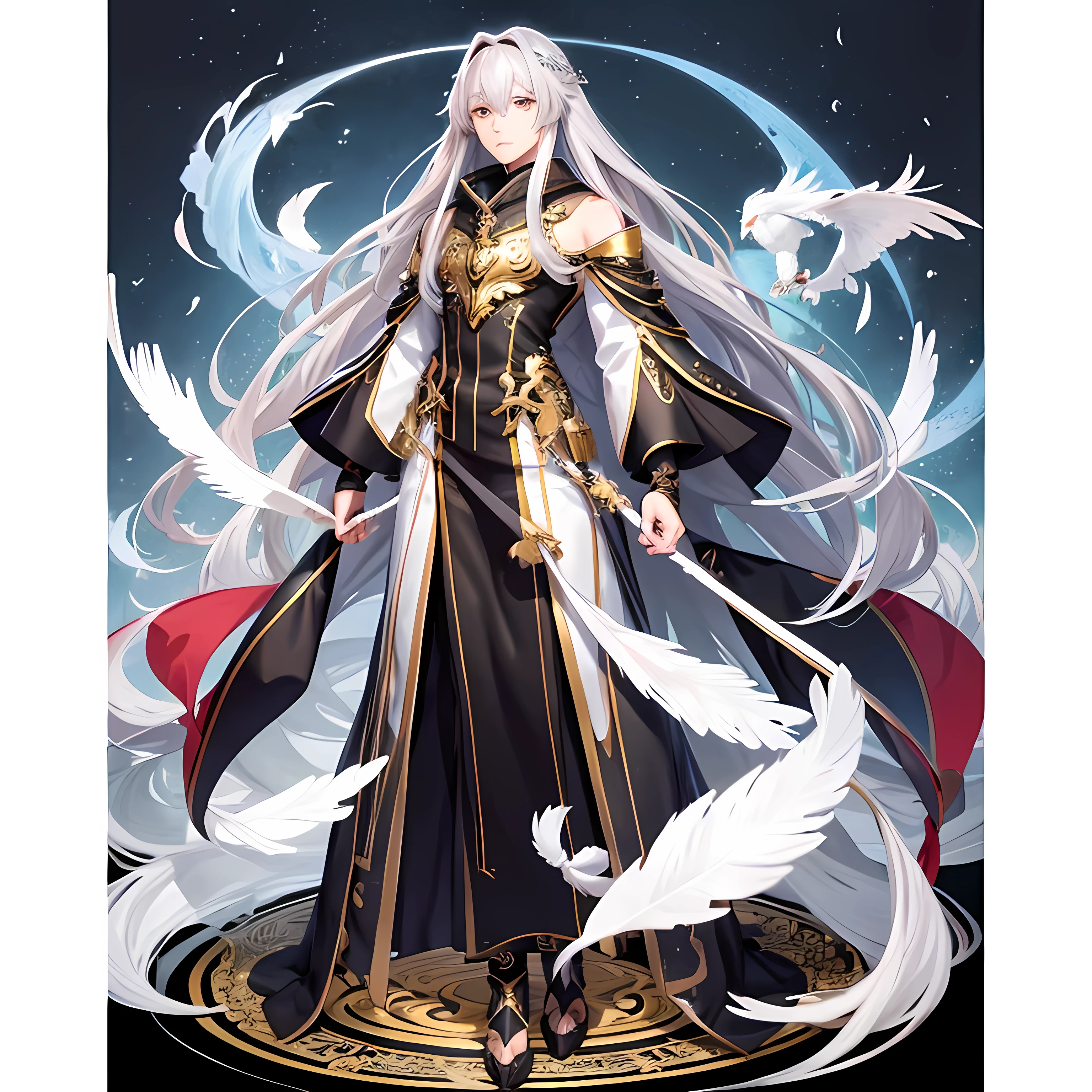 Long silver hair、Golden Eyes、A handsome man、beautiful、Full body illustration、Character portrait、Seraph、Six Feathers、Anime Style