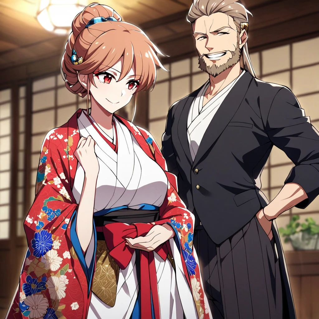 ((highest quality)), ((masterpiece)), (detailed), (Perfect Face)、(The woman is Princess Leona, with long light brown hair tied in a Japanese hairstyle, a flashy courtesan hairstyle, a slender body but with a normal bust, a top courtesan of Yoshiwara, a gentle smile, and is in a luxurious samurai mansion. The woman is a lady-in-waiting to Oda Nobunaga, and is wearing a gorgeous, gorgeous, and glittering courtesan trousers, a full kimono set with gorgeous, bright colors, patterns, and embroidery, and a Date Hyogo topknot. The woman is dressed in the gorgeous and seductive attire of a top courtesan, and is wearing gorgeous and glittering hair accessories and jewelry from the Edo period.)、The man and woman are close together, the husband is 60 and the wife is 32.、The man is Oda Nobunaga, a dignified man with a beard, wearing a formal crested hakama.、The woman is wearing a flashy set of courtesan trousers and her hairstyle is a flashy Date Hyogomage.