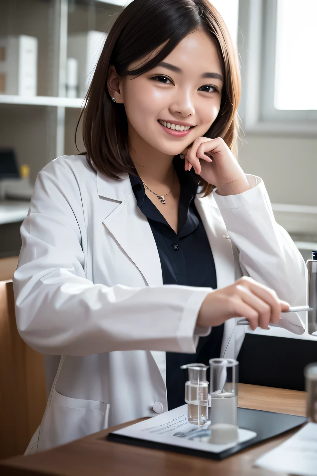 Japanese girl, holding bottle, wear Yukawa, idol, smiling