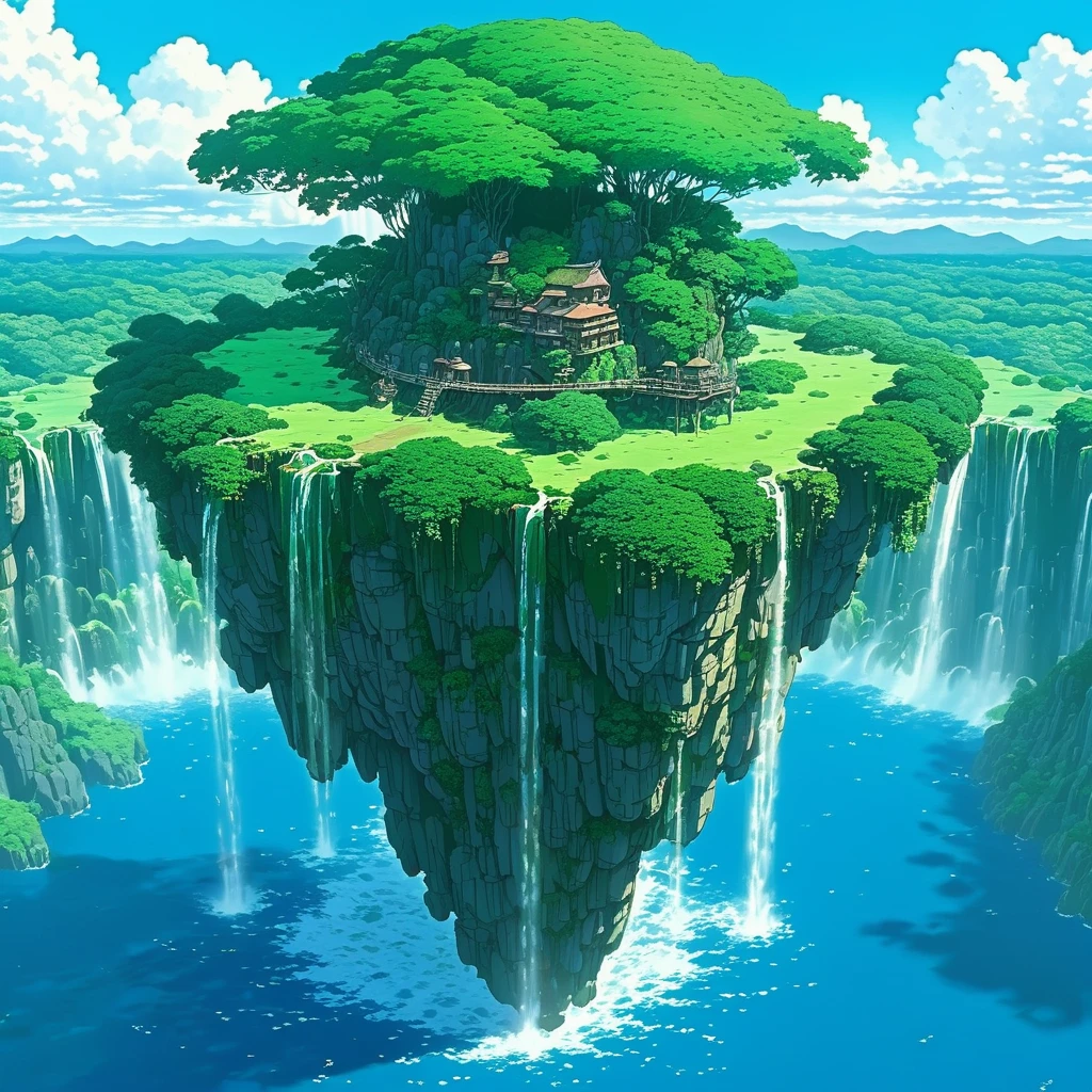 ((floating island in the sky in Ghibli art style)), with waterfalls and lush vegetation, high resolution, extremely detailed, 8k