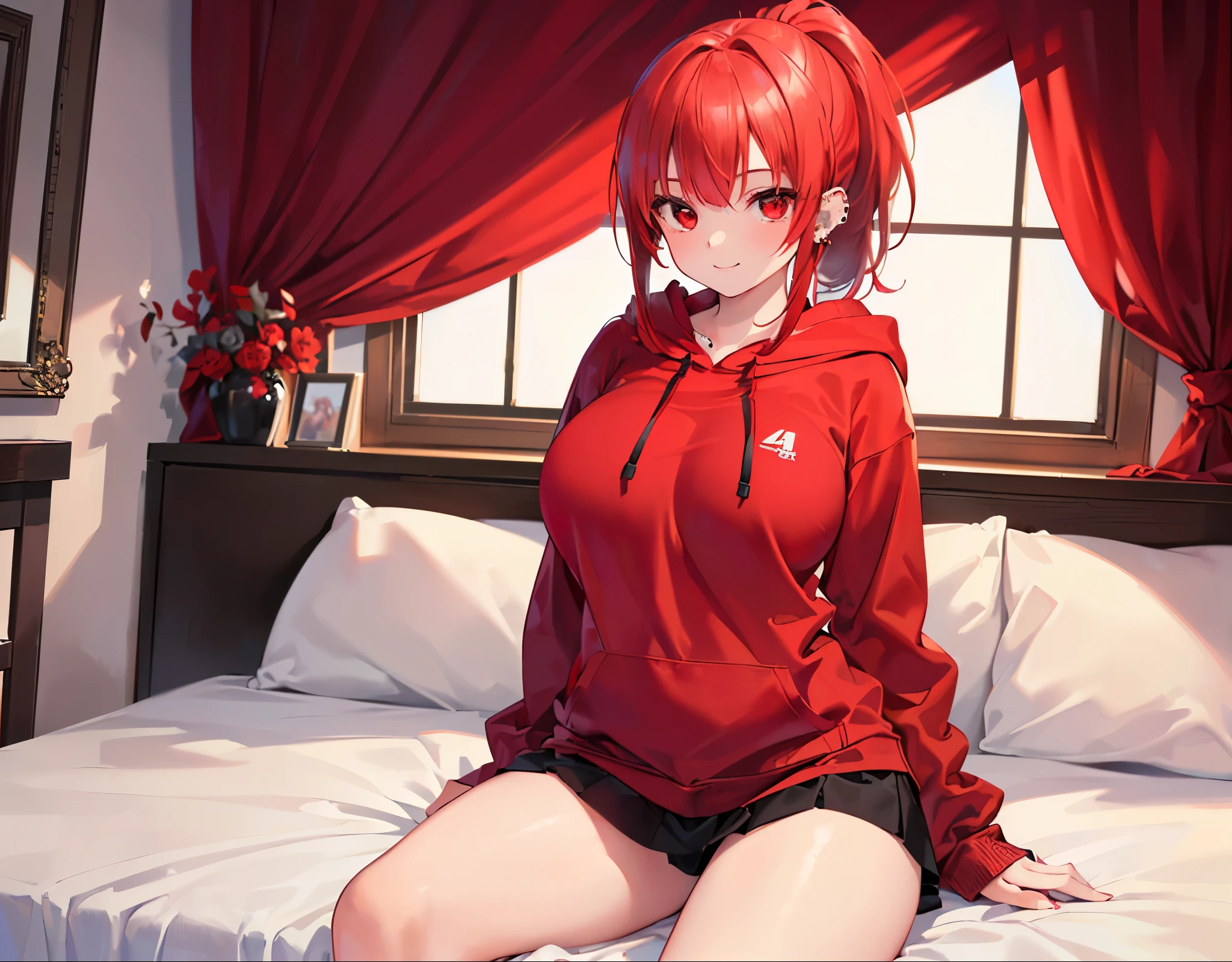 Realistic,highest quality, Ultra Detail, High-quality CG rendering, The most delicate and beautiful, Floating softly, High resolution, (1 girl), (Highest quality,4K,8K,masterpiece:1.2),(All red hair:1.5), (ponytail:1.5),(Red eyes:1.5),(Slightly larger breasts:1.5),(Oversized black hoodie:1.3),(Piercing in left ear:1.3),Inside the room,smile,(Sitting on the bed:1.3)