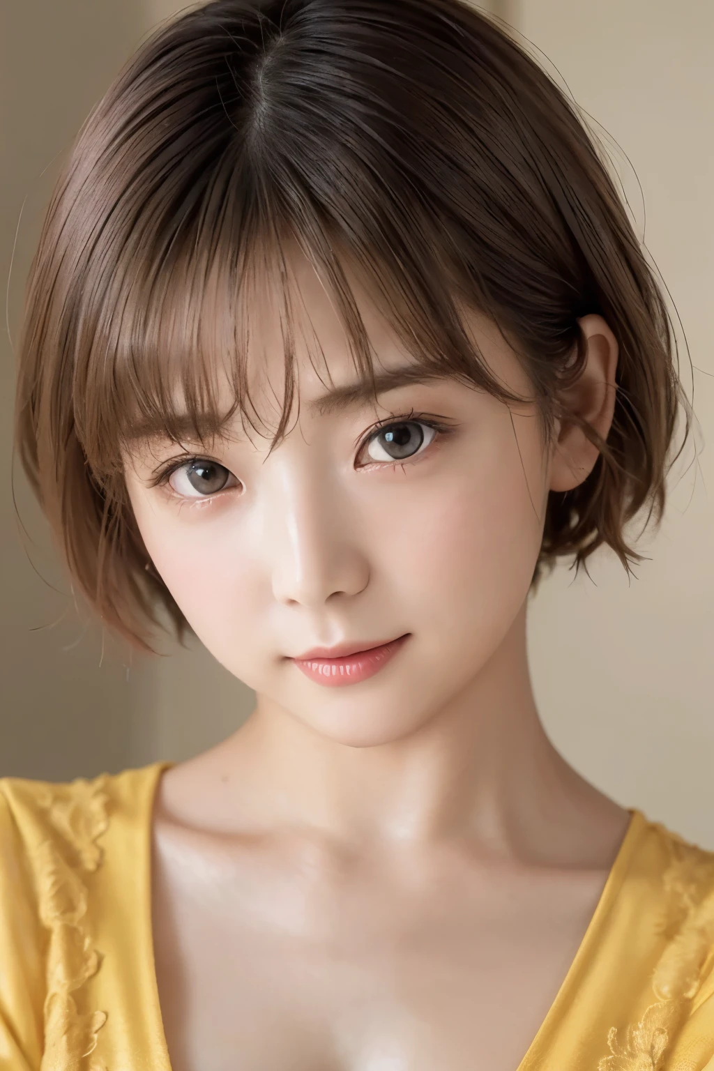 highest quality、8k Masterpiece、超A high resolution、(Photorealistic:1.3)、RAW Photos、1 girl、Silvery white short bob cut:1.4、Glowing Skin、1. Open-chested clothing、((Small, flat chest:1.5))、((Ultra-Realistic Details))、Portrait、Global Illumination、Shadow、Octane Rendering、8k、Super sharp、Beautiful breasts、Bare skin exposed in the cleavage、Yellow Background、Warm colors、、Very intricate details、Realistic Light、CGSoation Trend Beautiful Eyes、Eyes shining at the camera、Neon Details、Korean Idol Girls、Shining light gray eyes、、Small and shapely、Flat chest、