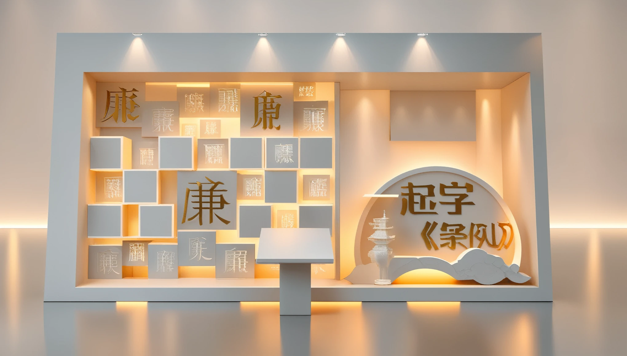 3D effect, 3D rendering, design, 3D rendering of a simple exhibition stand with text "_maps" and "coolant", in the style of Chinese calligraphy, on a light grey background with white space on the left side. It has a simple, square structure in the style of Chinese architectural style. high resolution, 3D rendering, studio lighting. c4d modelling, octave rendering, best quality studio photography, Natural Lighting, Still Life Photography, Highest Quality, 4K, High Resolution, Masterpiece: 1.2), Super Fine, (Practical, Photo Practical, Photo Practical: 1.37)
