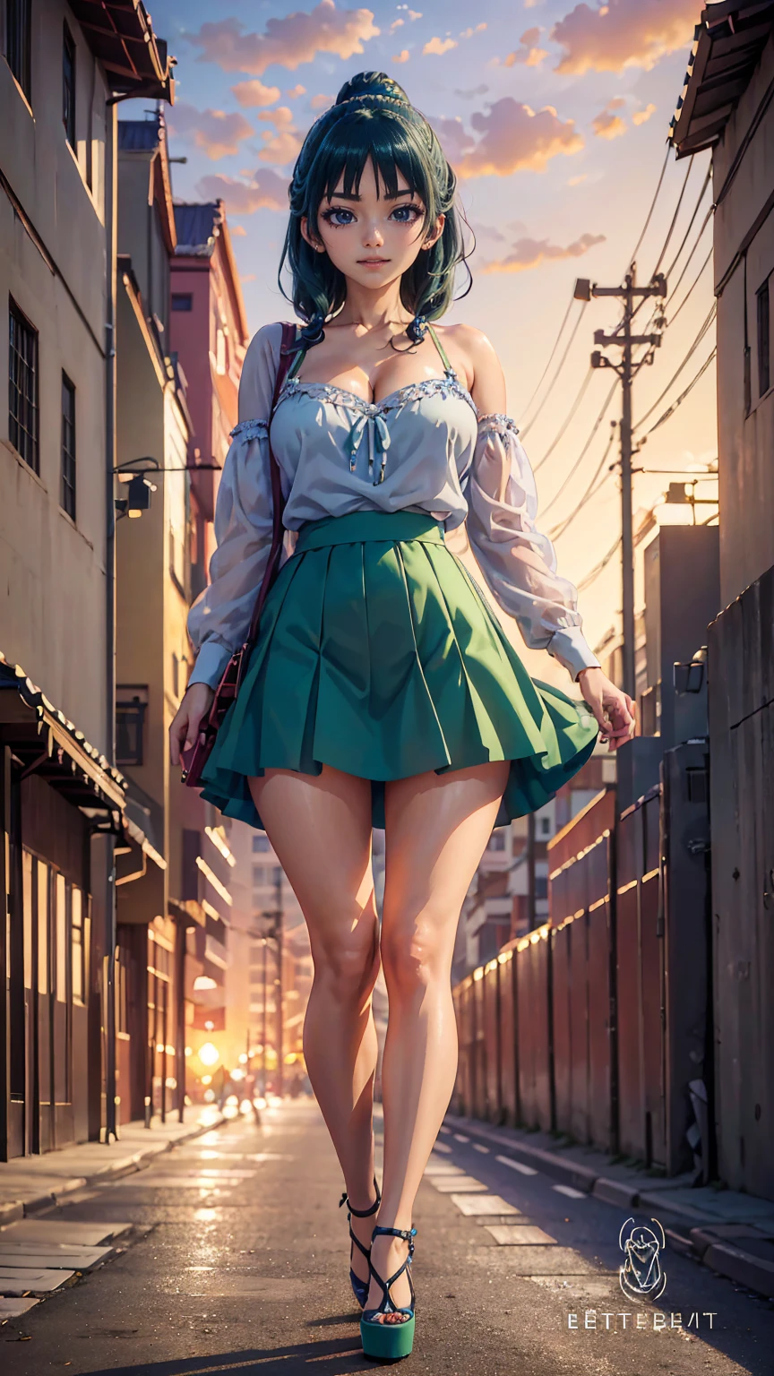((Best quality)), ((masterpiece)), (anime), a beautiful sexy girl walking in a short skirt, a blouse and platform high heels, blue eyes, green hair, smooth skin, cleavage, ((full body)), smile, shoulders exposed, anime, green eyes, maomao, Under street lights, ((Sunset Dusk)),