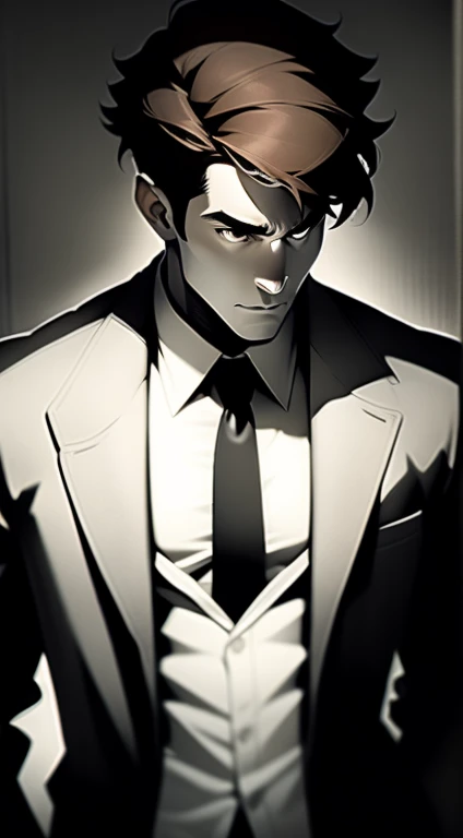 Mid 20s male detective, brown hair, detailed, toned body, simple, Noir et blanc, monochrome, looking at viewer, plain looking, white shirt and tie, gritty, unshaven, trench coat