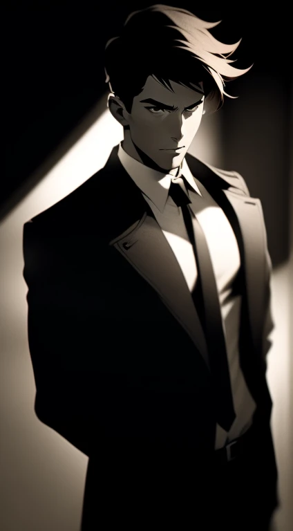 Mid 20s male detective, brown hair, detailed, toned body, simple, ???? et blanc, monochrome, looking at viewer, plain looking, white shirt and tie, gritty, unshaven, trench coat