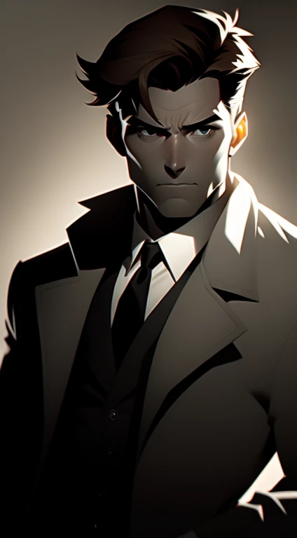 Mid 20s male detective, brown hair, detailed, toned body, simple, Noir et blanc, monochrome, looking at viewer, plain looking, white shirt and tie, gritty, unshaven, trench coat