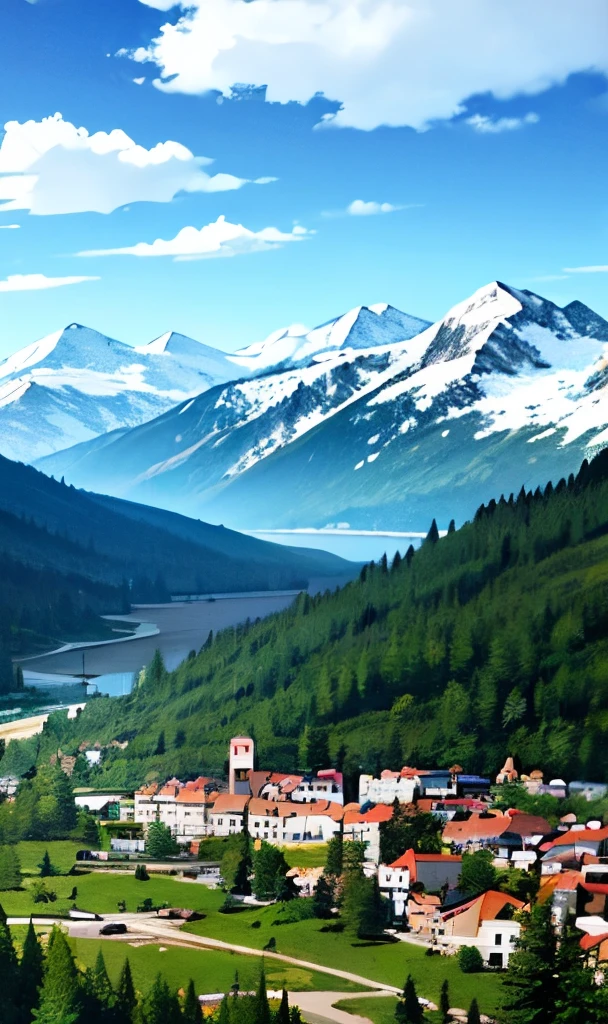 A beautiful world from sky, rivers, lakes, mountains and towns, lush green landscapes, serene lakes reflecting the sky, snow-capped mountain peaks, quaint towns nestled in valleys, aerial view, detailed architecture, hypocritical world. Fantasy. ((Hd detailed)).