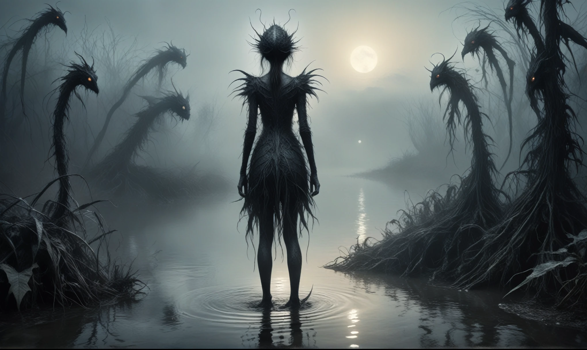 Quentin Blake Style Photography, wlop,full body length,once pretty,full body,bailong plant girl made of dead plants,a girl made of charcoal plants,charcoal The Alien Entity,ominous landscape, niobium graphite atmosphere,dangerous atmosphere,intricate details,realistic graphite skin,extremely intricate details,Epic Realistic,At night, light shone on her,anatomically correct,eyes extremely detailed, high detailed eyes,UHD,Retina,HDR,Technicolor,natural skin textures, hyper realism, hyper detailed,High contrast,Realism,Ultra Detailed,irina yermolova,close full body shot, masterpiece,faded,8k resolution,RAW, Nikon Z9,pixie,nicola samori,ominous dragon wing,pale demon woman crawling out the water in a foggy marsh, horror movie, cinematic look, creepy aesthetic, ultra detailed, photorealistic masterpiece,winter,sunset,middle of a forest, matte painting , anton fadeev
