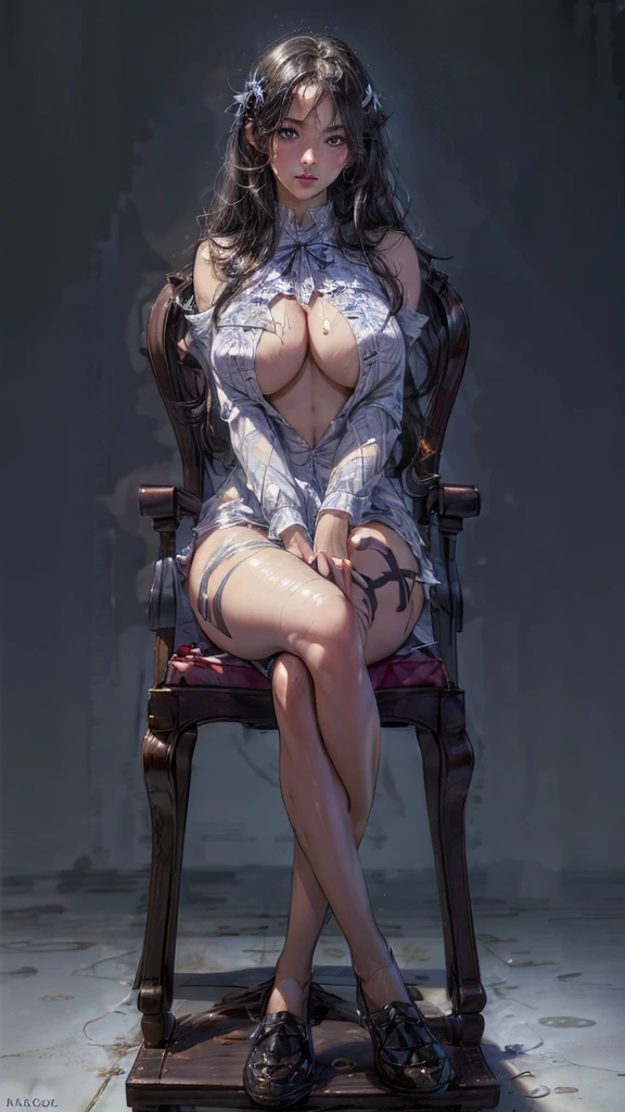((best quality)), ((masterpiece)), (detailed), perfect face, a psicologist, sitting on a chair, long perfect crossed legs, Sex Bomb, dark long hair and light blue eyes, pornographic position, she wears only black stockins an a withe thinny blouse,(very huge boobs), ((masterpiece)),((hig realism)),