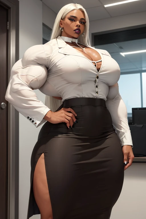 ((((Massive, beautiful, buff, light brown skinned muscular woman with white hair, black lipstick, ginormous bulky muscles and wearing a office blouse with a white blazer coat and pencil skirt with leg slit)))), (close view), massive muscles, (long straight hair), blue eyes, office blouse, blazer coat, pencil skirt, choker, smirk, high heel shoes, in the office, hyper muscle legs, Ginormous arms,